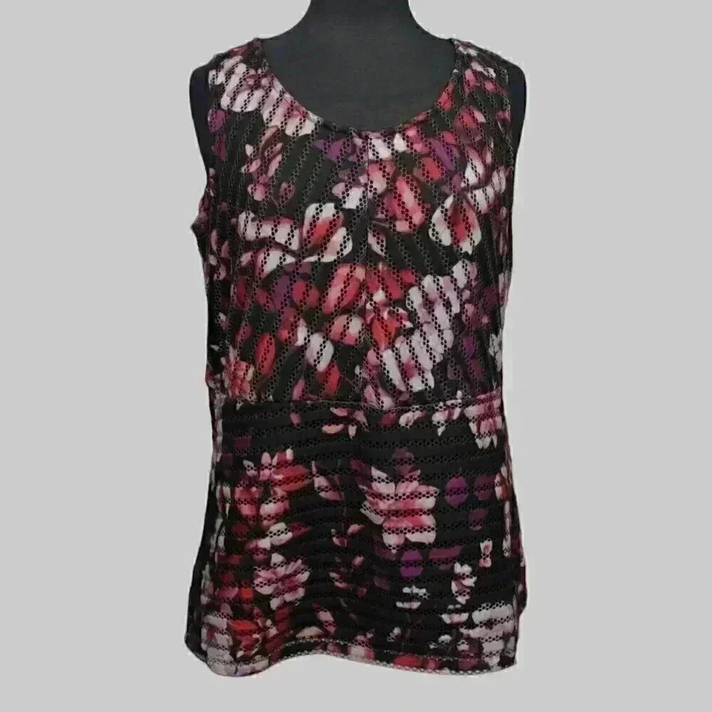icki’s Women’s Floral Sleeveless Blouse Black Floral Scoop Neck Mesh Overlay